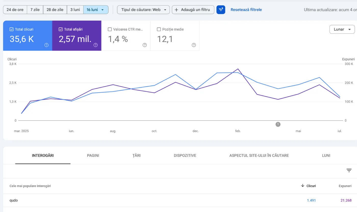 Raport Google Search Console pentru Qudo.ro